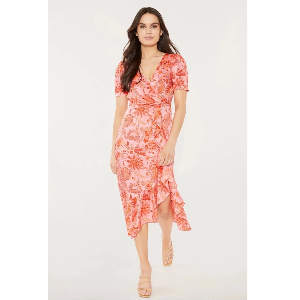 Cinq À Sept Kay Faux-Wrap Floral Pink Ruffle Midi Dress V-Neck Short Sleeve 4 SM